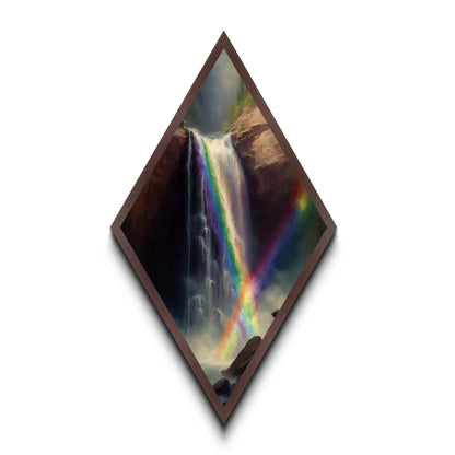 Rainbow Cascade Falls Diamond Shaped Canvas Embossed Print, Waterfall Landscape Art Print, Nature Wall Decor Mountain Scene