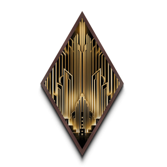Art Deco Skyline – Diamond Shaped Canvas Art Print Golden Cityscape Wall Decor, Gatsby Era Style, Urban Elegance, Vintage Metropolis Design