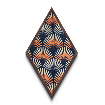 Retro Fan Pattern – Diamond Shaped Canvas Textured Print Mid Century Modern Wall Decor, Navy Orange Abstract Textile Style, Bold Boho Vibes