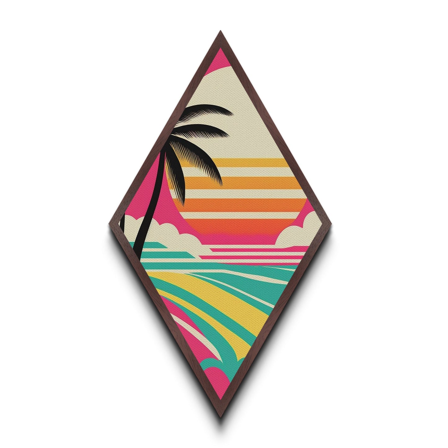 Tropical Minimal Vibe – Diamond Shaped Palm Tree Graphic Canvas Textured Print with Retro Beach Sunset and Geometric Stripes