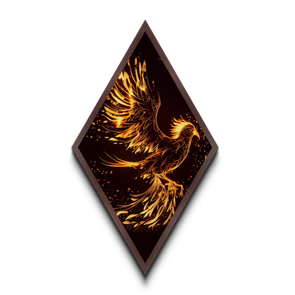 Phoenix Wood Framed Art Print, Diamond Shaped Art, Rebirth, Reincarnation, Canvas Textured Decor Art Print, Office Art