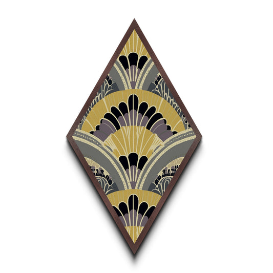 Vintage Fan Arch Diamond Shaped Canvas Embossed Print, Gold and Charcoal Art Deco Pattern, Retro Interior Wall Decor