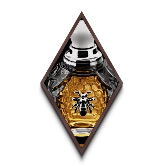 Honeycomb Elegance Bee Diamond Shaped Canvas Art Print, Gold Hexagon Insect Decor, Glam Perfume Bottle Graphic Wall Piece