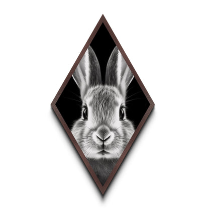 Curious Bunny Face Diamond Shaped Canvas Textured Print, Black and White Rabbit Animal Art, Minimalist Pet Lover Wall Decor