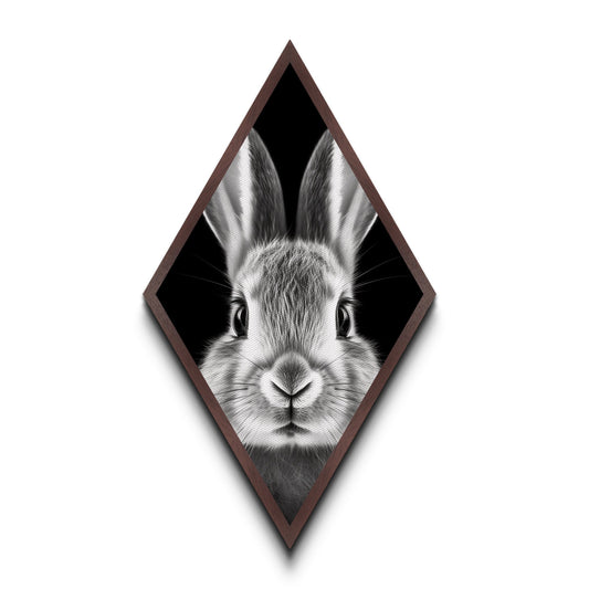 Curious Bunny Face Diamond Shaped Canvas Textured Print, Black and White Rabbit Animal Art, Minimalist Pet Lover Wall Decor