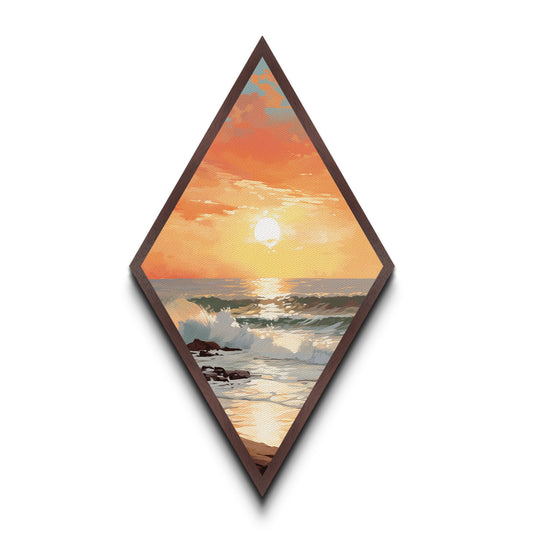 Beautiful Beach Sunset Framed Print, Nautical Painting, Coastal Decor, Diamond Shaped Art, Retro MCM Style Wall Art