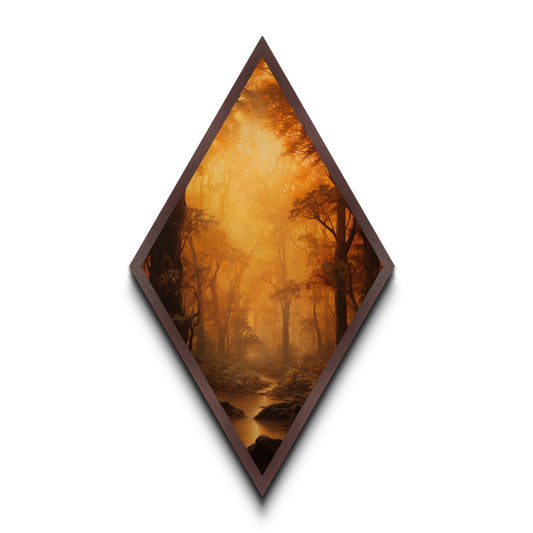 Fall In The Forest, Canvas Textured Print, Diamond Shaped Landscape Painting, Retro Home Decor, Nature Painting