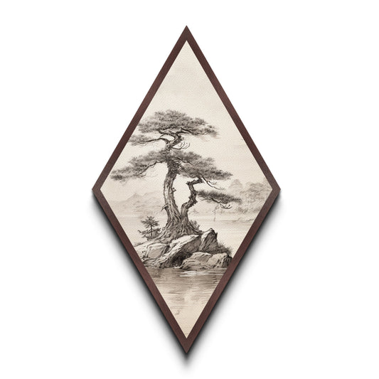 Funky Bonsai Tree Charcoal Sketch Canvas Art Print, Embossed Canvas Wall Art, Diamond Shaped Decor, Alternative Decor, Modern Art