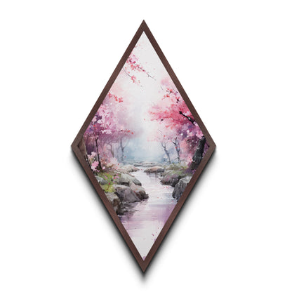 Cherry Blossoms In Spring, Diamond Shaped Canvas Embossed Wall Art, Canvas Texture Art, Japanese Inspired Wall Art, Statement Piece