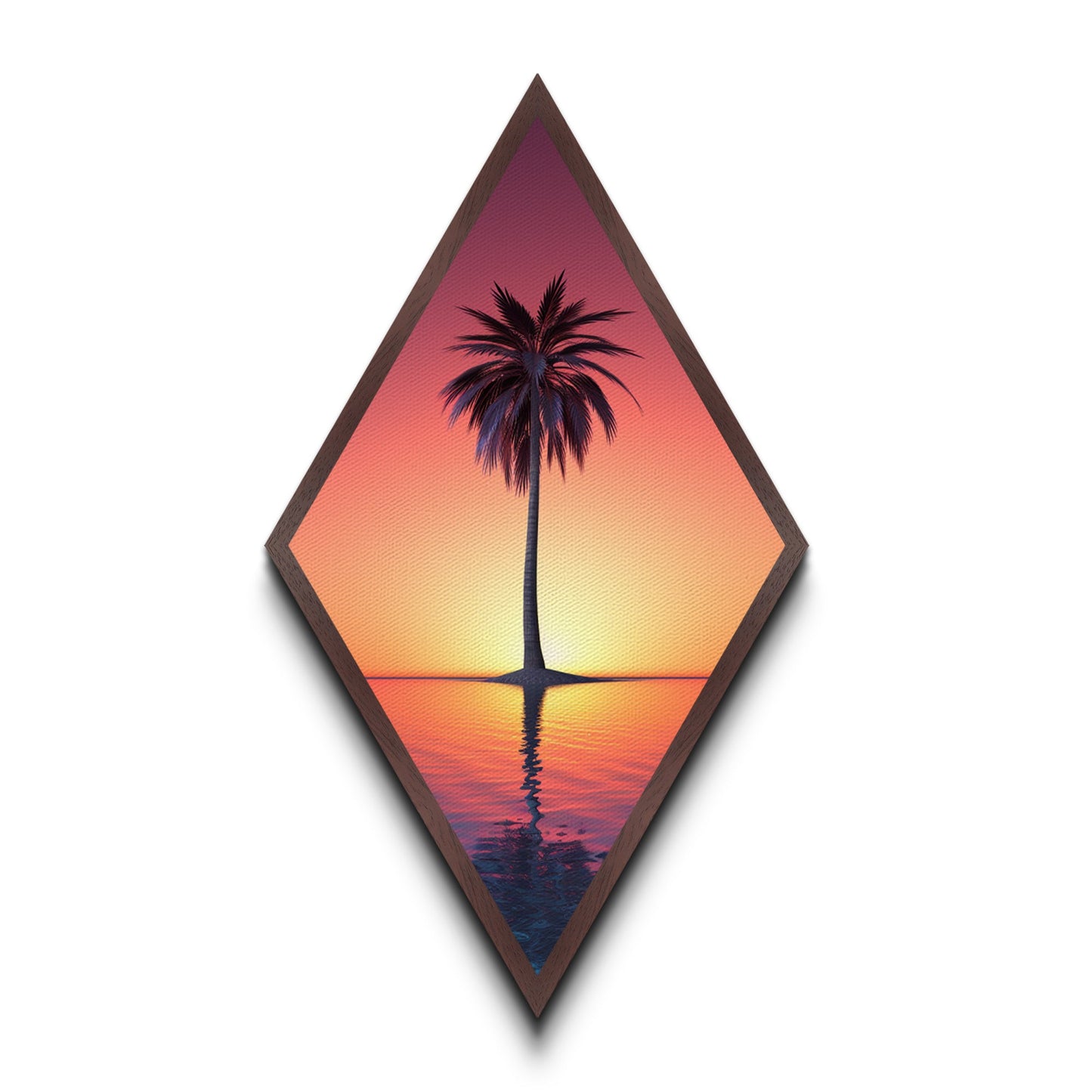 Synth Wave Palm Tree at Sunset, Framed Canvas Art, Wood Framed Canvas Texture Wall Art, Diamond Shaped Decor, Retro Wall Art