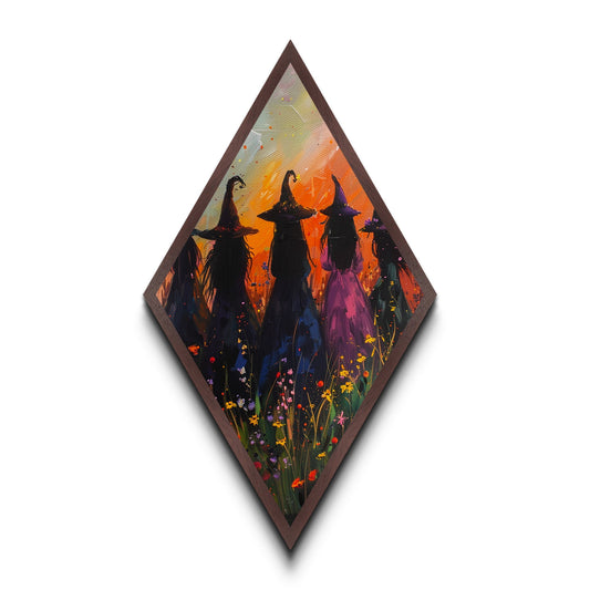 Diamond Shaped Wild Flower Witches Print, Framed Canvas Textured Art, Halloween Wall Art, Halloween Gift Idea, Cottagecore Witches