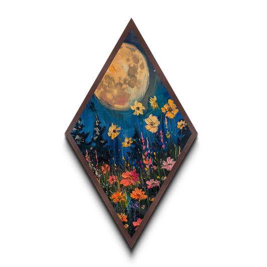 The Wild Flowers and the Full Moon Canvas Textured Art Print, Wood Framed Art, Boho Cottagecore Decor