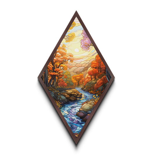 Autumn Forest Stream – Canvas Textured Print Stained Glass Style, Fall River Landscape, Nature Diamond Wall Art, Golden Hour Forest
