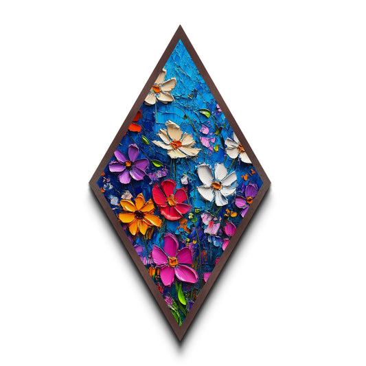 Blue Blossom Pop — Diamond Shaped Canvas Textured Print makes a lively statement in bathroom or hallway with bold floral palette knife design