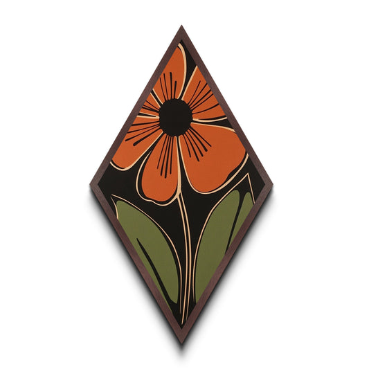 Retro Floral Bloom — Diamond Shaped Canvas Embossed Print ideal living room or vintage space accent orange flower minimalist mod wall art
