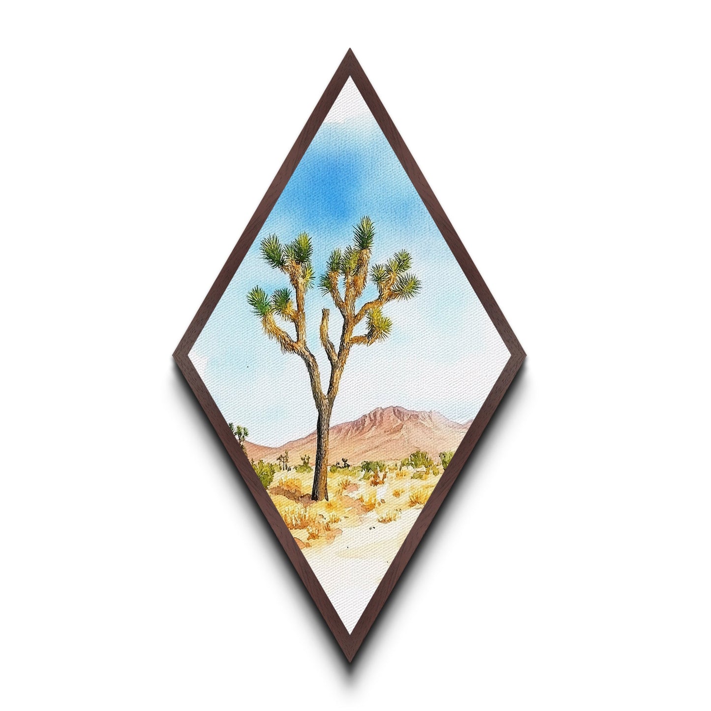 Mojave Tree Scene Diamond Shaped Canvas Textured Print, Watercolor Nature Landscape, Desert Mountain Western Wall Art