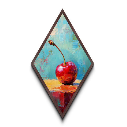 Bold Cherry Realism Diamond Shaped Canvas Embossed Print, Colorful Kitchen Wall Decor, Contemporary Still Life Painting