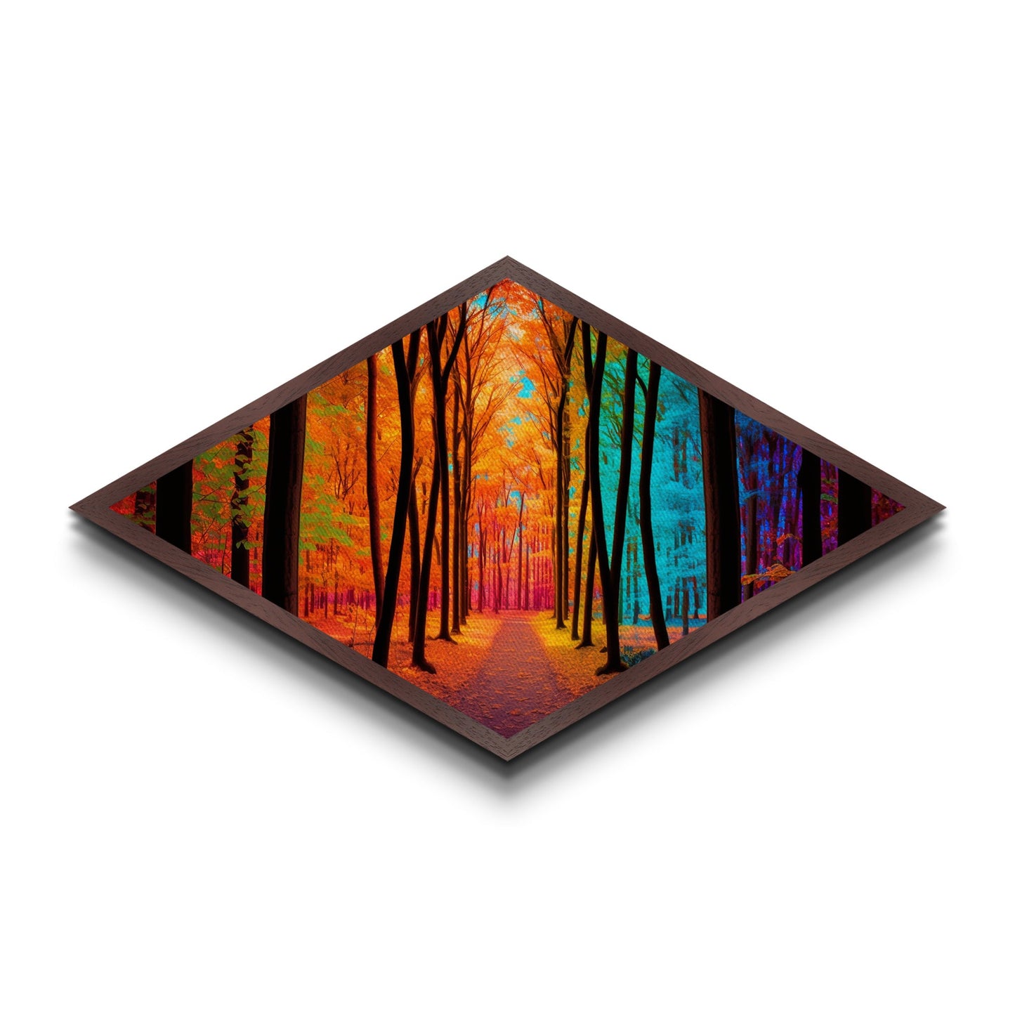 Chromatic Forest Path – Diamond Shaped Rainbow Woodland Trail Canvas Art Print with autumn trees, vibrant color spectrum, surreal landscape