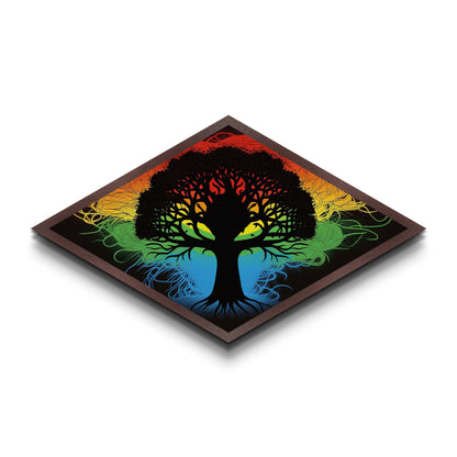 Prism Tree of Life – Diamond Shaped Rainbow Roots Silhouette Canvas Art Print with psychedelic tree, colorful energy, and abstract style