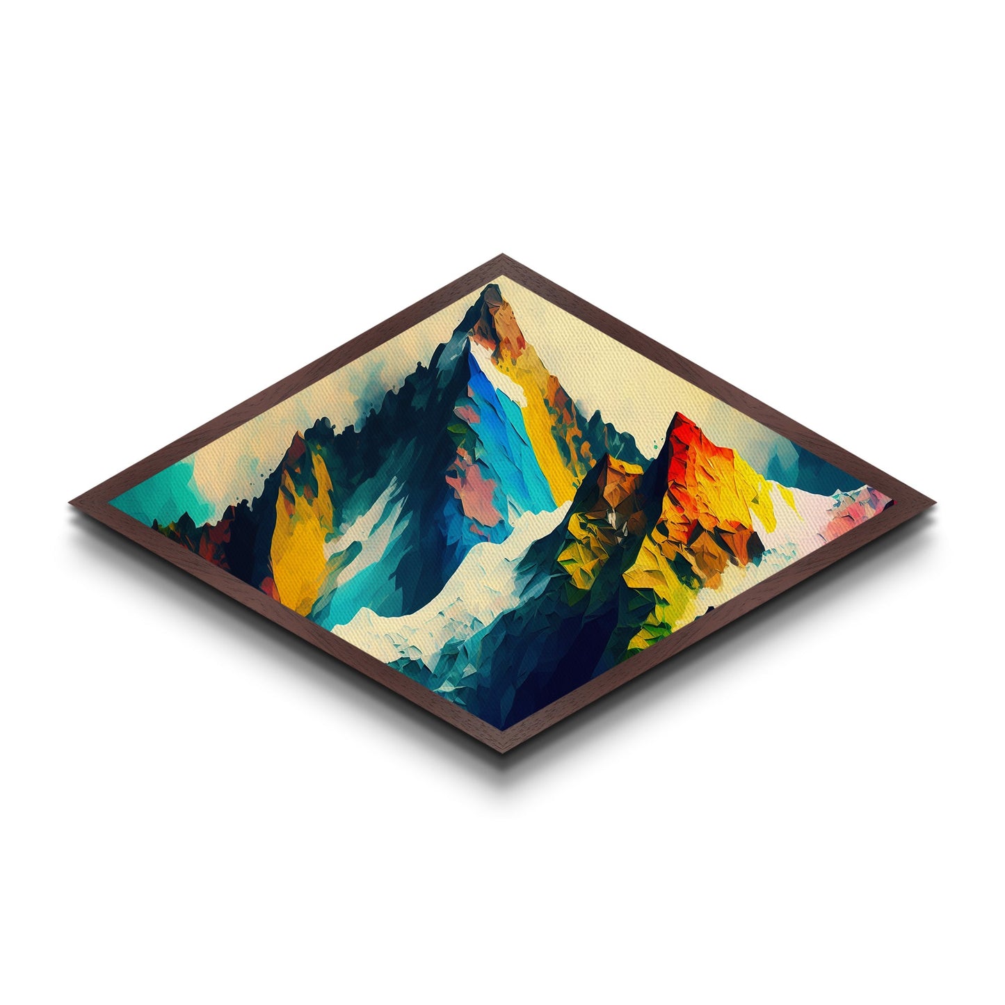 Kristalline Alpen – Rautenförmiger abstrakter Regenbogengipfel-Leinwanddruck mit polygonalem Bergpanorama und kräftigen geometrischen Strichen