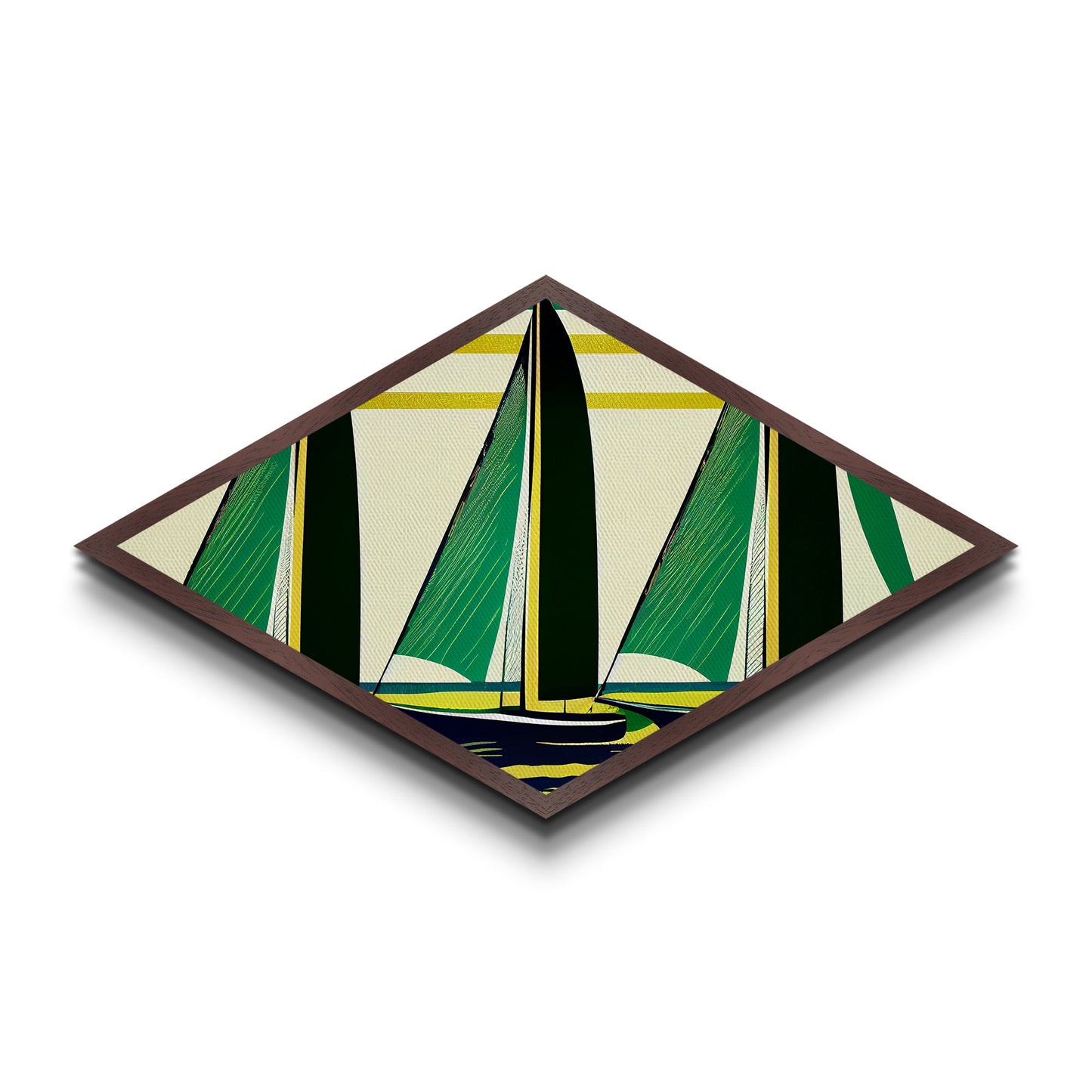 Abstract Sail Wind – Diamond Shaped Canvas Textured Print with retro sailboat geometry, green yellow nautical minimalist coastal theme