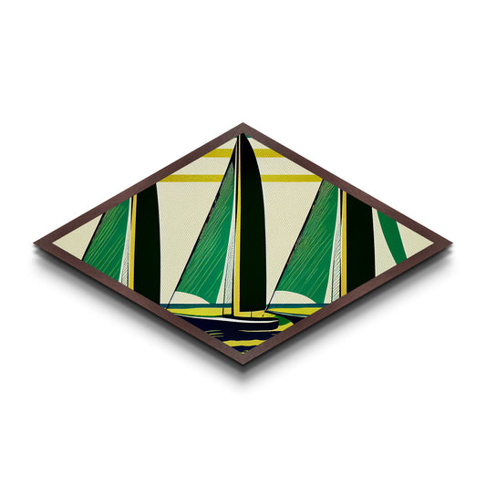 Abstract Sail Wind – Diamond Shaped Canvas Textured Print with retro sailboat geometry, green yellow nautical minimalist coastal theme