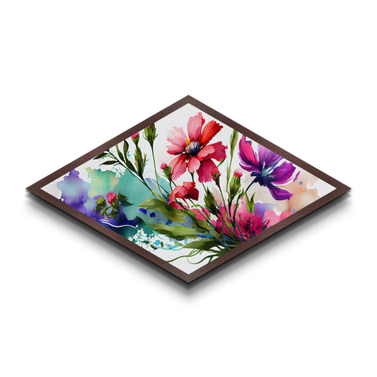 Spring Garden Splash – Diamond Shaped Canvas Textured Print with bright wildflowers, watercolor floral artwork, vibrant botanical decor