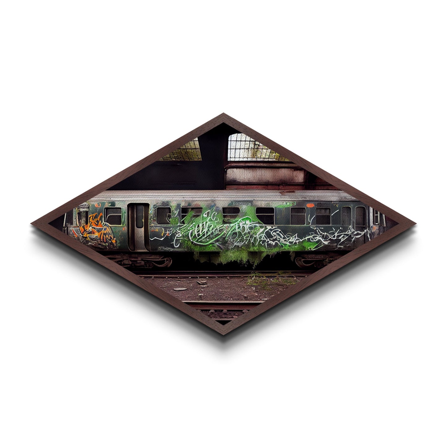 Graffiti Train Scene – Diamond Shaped Canvas Art Print with abandoned urban train, grunge graffiti photography, street art inspired wall piece