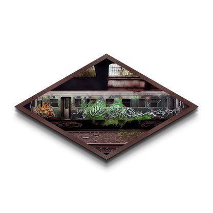 Graffiti Train Scene – Diamond Shaped Canvas Art Print with abandoned urban train, grunge graffiti photography, street art inspired wall piece