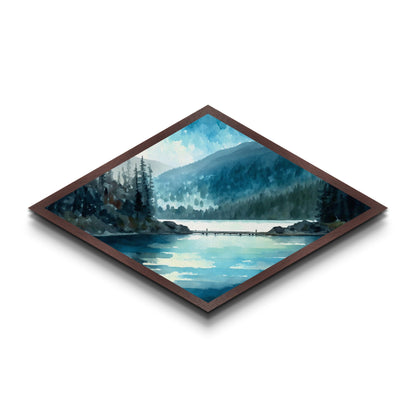 Misty Lake Retreat – Diamond Shaped Canvas Textured Print with tranquil blue waters, evergreen reflection scene, peaceful nature wall art