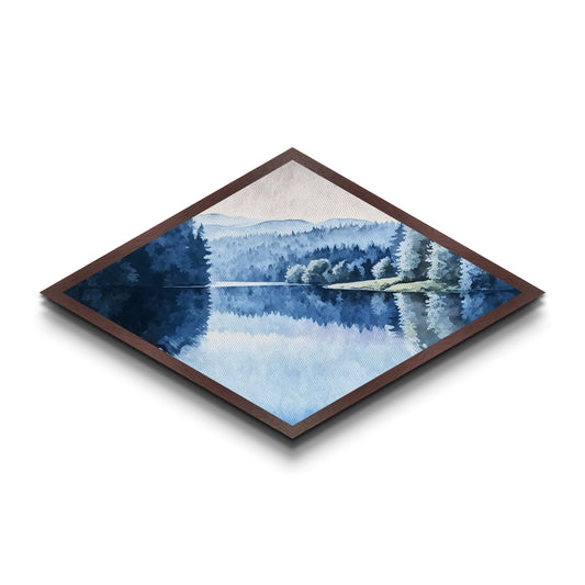 Serene Forest Lake Diamond Shaped Canvas Art Print with misty mountain landscape, nature reflection wall decor, calming watercolor art