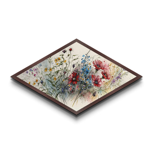 Blooming Wildflowers Field Diamond Shaped Canvas Textured Print with colorful meadow florals, spring watercolor botanical decor