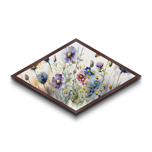 Summer Meadow Blooms Diamond Shaped Canvas Art Print with vibrant wildflowers, floral watercolor painting, country cottage decor