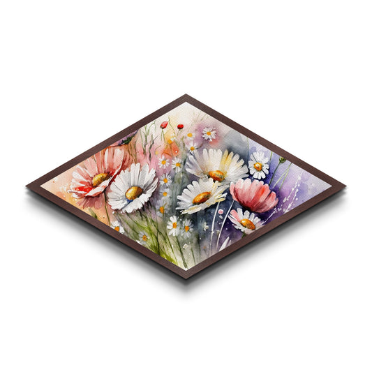 Daisy Garden Bliss Diamond Shaped Canvas Art Print with pink and white daisy watercolor flowers, floral wall art, springtime cottagecore