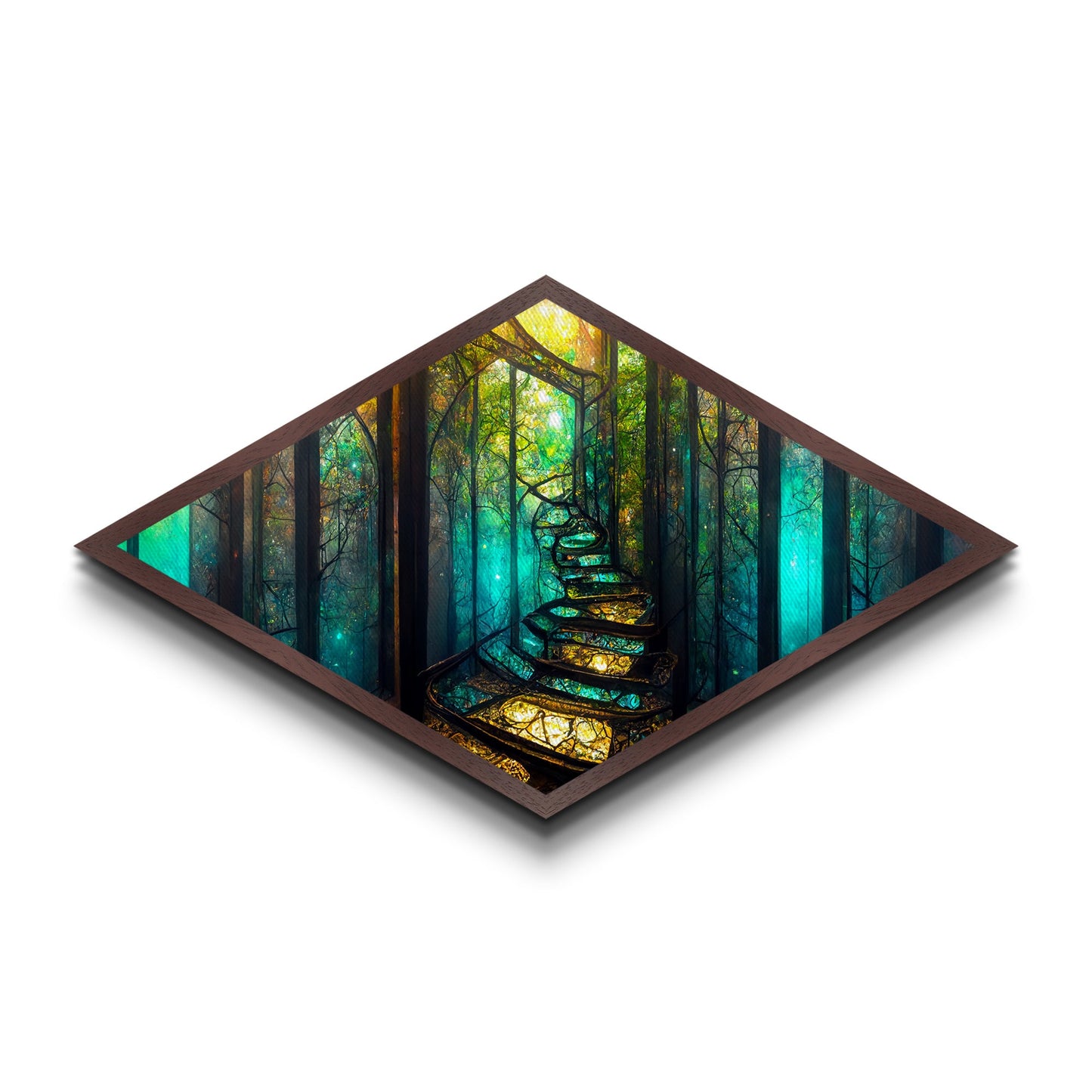 Magic Forest Portal Diamond Shaped Canvas Textured Print, fantasy woodland entrance art, colorful ethereal tree landscape print