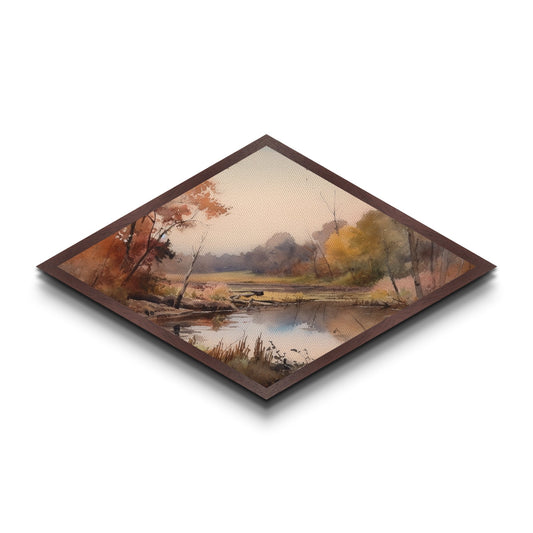 Woodland Reflections – Diamond Shaped Canvas Textured Print, Fall Forest Art, Water Scene Accent, Cozy Home Nature Wall Decor