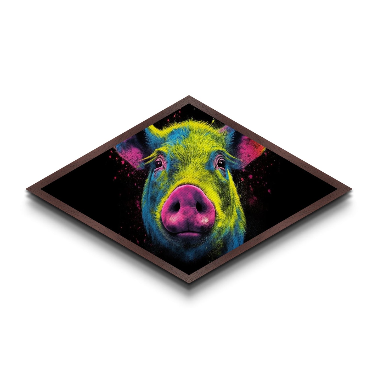 Psychedelic Pig Face – Diamond Shaped Canvas Art Print, Bold Animal Decor, Color Pop Wall Accent, Modern Farmhouse Nursery Gift