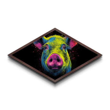 Psychedelic Pig Face – Diamond Shaped Canvas Art Print, Bold Animal Decor, Color Pop Wall Accent, Modern Farmhouse Nursery Gift