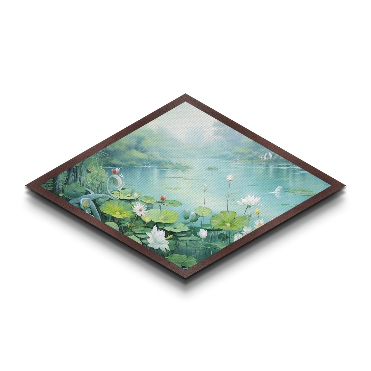Tranquil Lily Pond Diamond Shaped Canvas Textured Print with peaceful lotus flowers, lake landscape art, spa room wall decoration