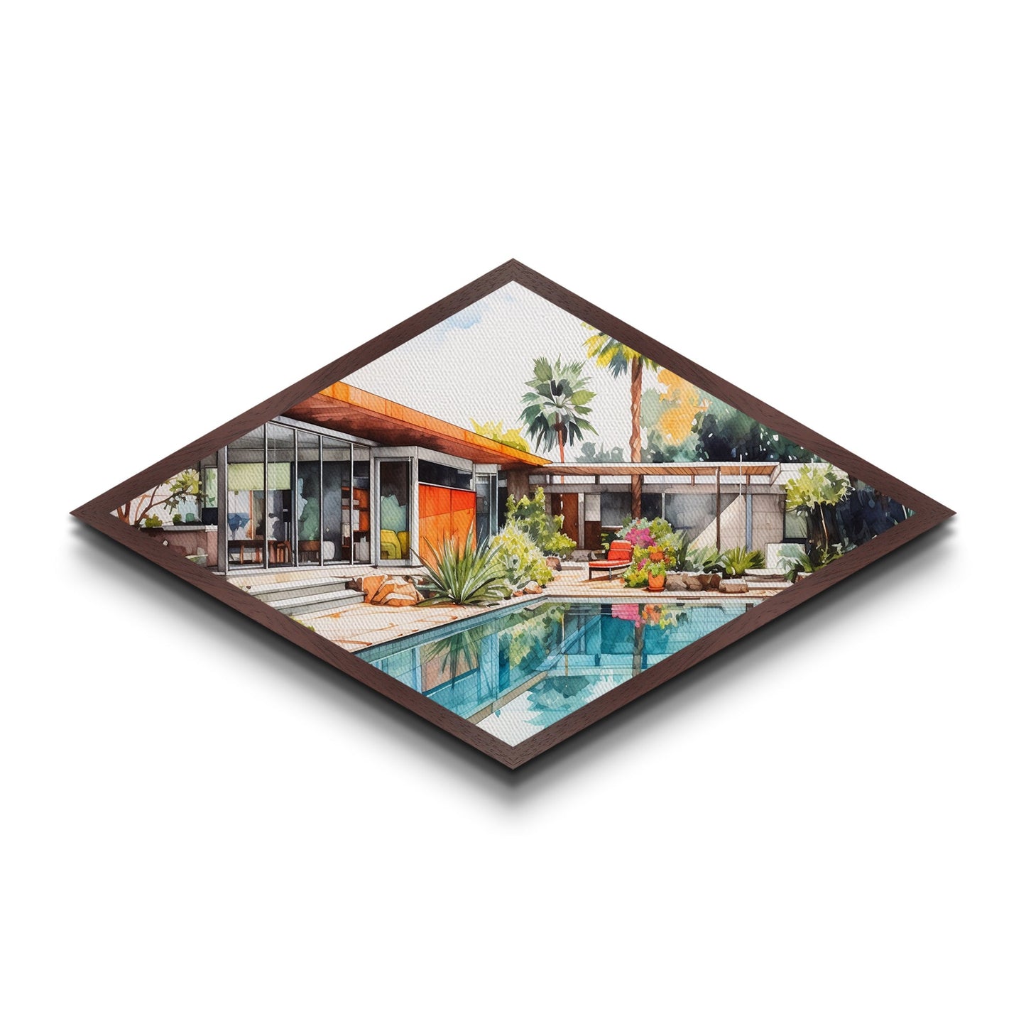 Midcentury Oasis Retreat Diamond Shaped Modern Home Canvas Art Print poolside bungalow retro palm springs architectural wall decor
