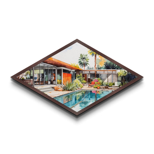 Midcentury Oasis Retreat Diamond Shaped Modern Home Canvas Art Print poolside bungalow retro palm springs architectural wall decor