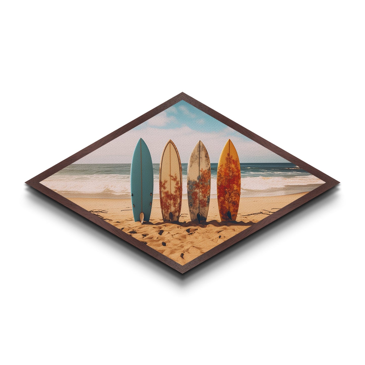 Vibrant Surf Quartet Diamond Shaped beach scene with surfboards wall decor Canvas Art Print coastal summer home accent gift idea