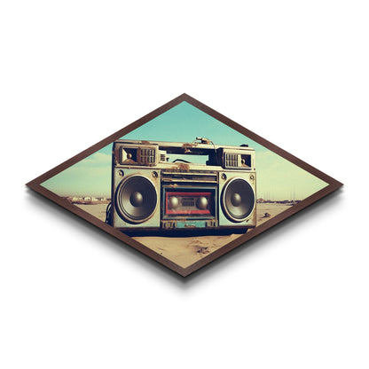Boombox On Beach Diamond Shaped retro music lover Canvas Textured Print nostalgic 80s vibe beach sound decor man cave or dorm art