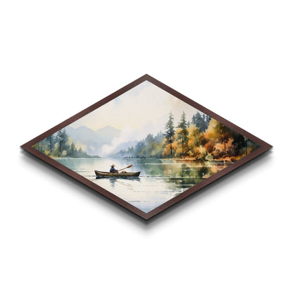 Peaceful Canoe Morning Diamond Shaped watercolor lake art Canvas Textured Print nature inspired calming space cabin or retreat gift