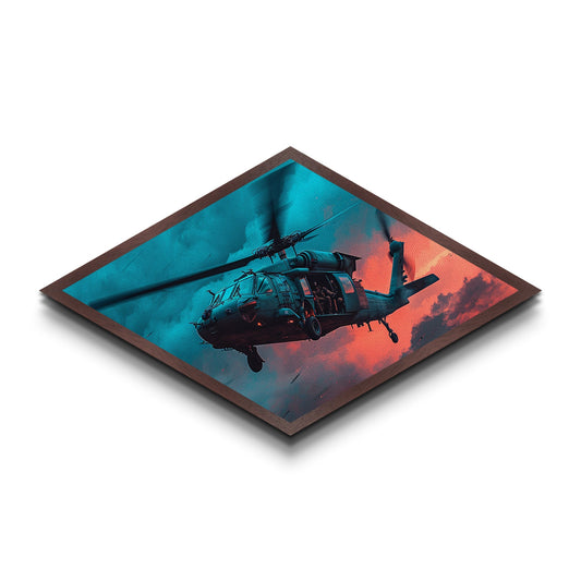 Midnight Drop Mission — Diamond Shaped Canvas Art Print helicopter military decor, stormy sky artwork, man cave or office statement