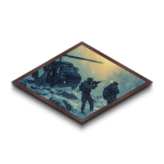 Snowfield Deployment — Diamond Shaped Canvas Textured Print army winter ops wall art, soldier gift, rustic adventure lodge accent