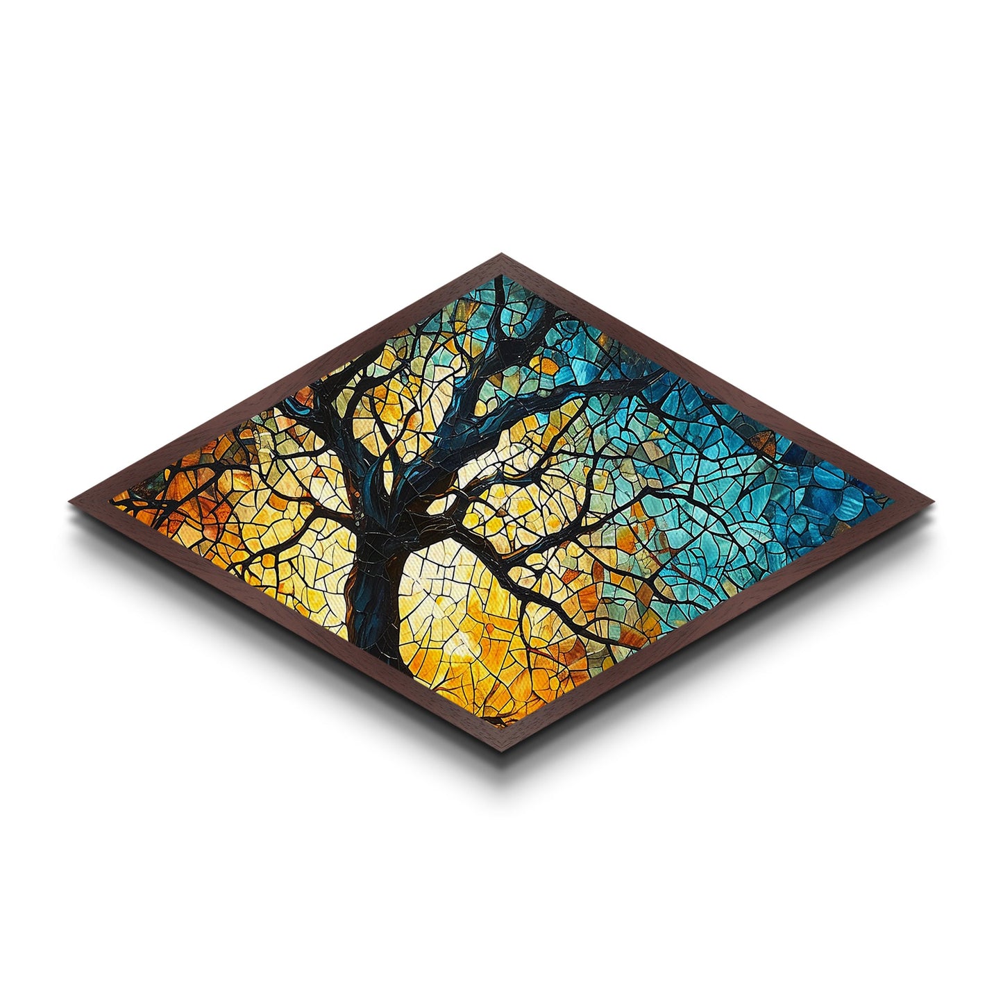 Branching Light Mosaic — Diamond Shaped Canvas Embossed Print glowing stained glass tree artwork, spiritual living room boho decor