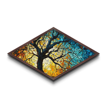 Branching Light Mosaic — Diamond Shaped Canvas Embossed Print glowing stained glass tree artwork, spiritual living room boho decor