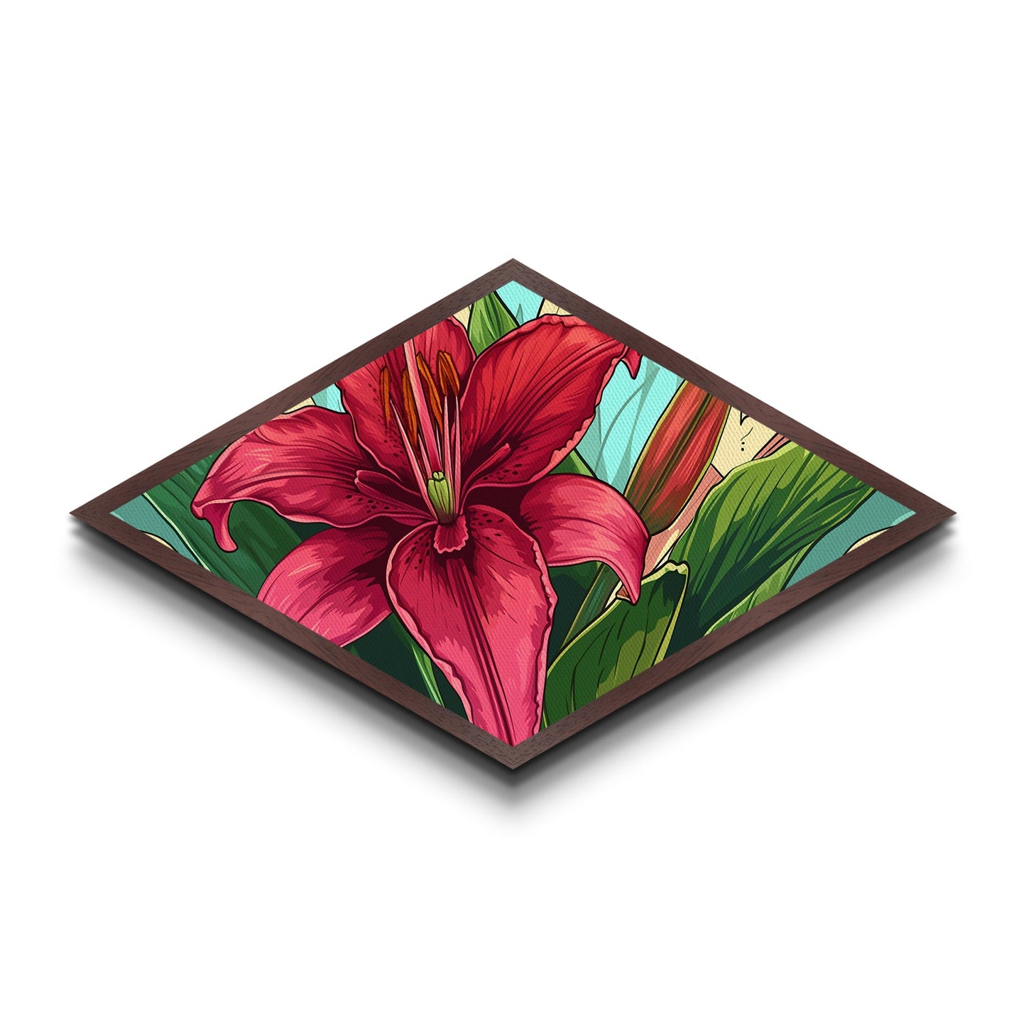 Crimson Bloom Lily Diamond Shaped Canvas Textured Print botanical flower art tropical decor living room wall art Mother's Day gift