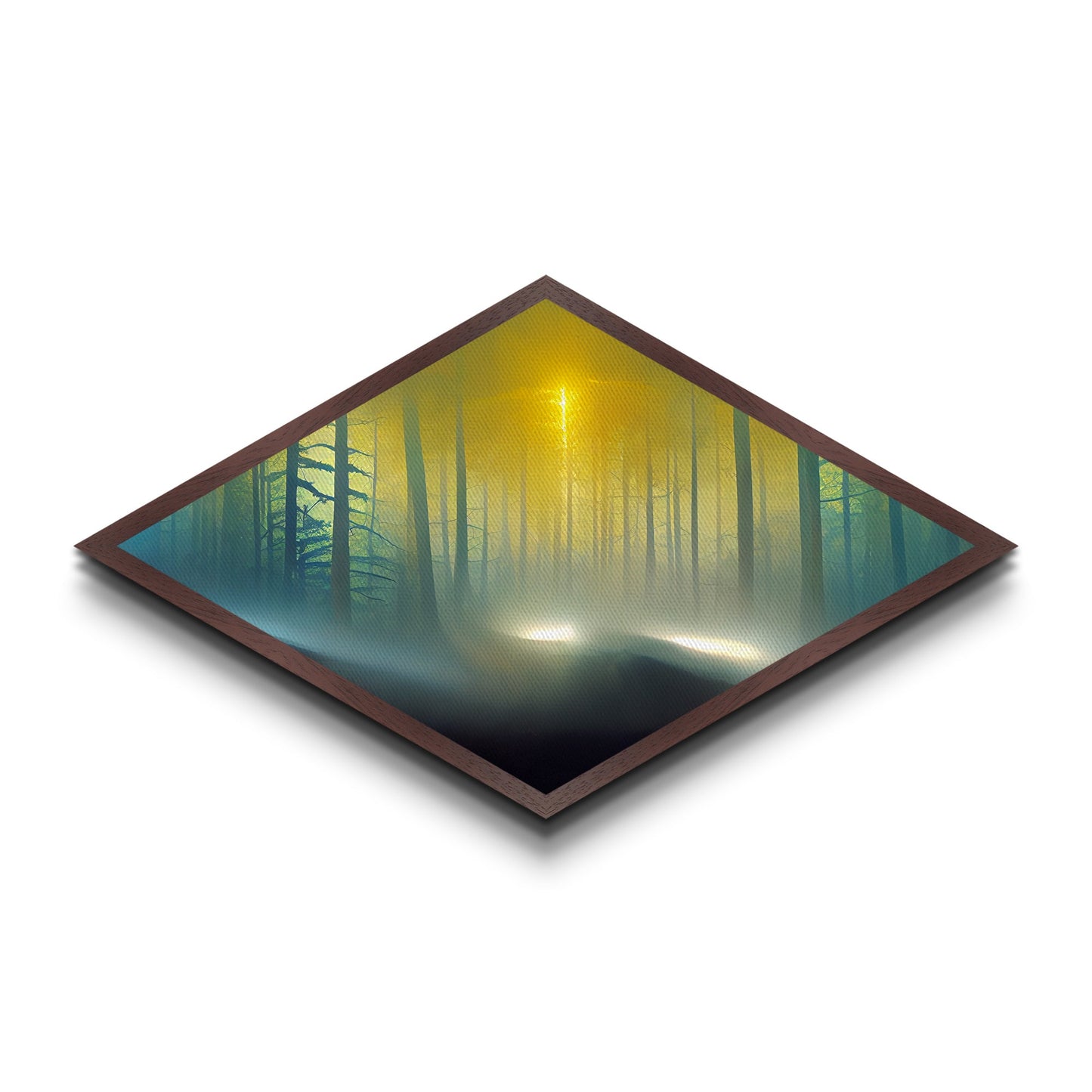 Forest Glow Tranquility Diamond Shaped Canvas Art Print, Misty Pines Sunrise Landscape Wall Decor, Nature Inspired Zen Room Accent